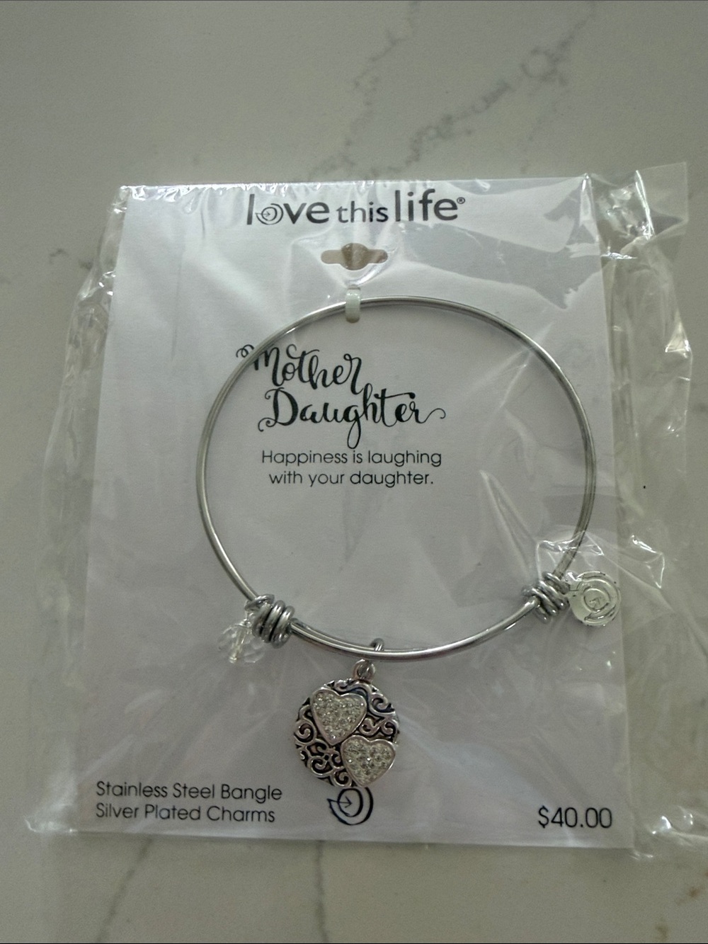 Love This Life Silver Mother & Daughter Heart Charm Bangle
